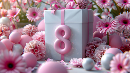 8 March, Happy Women's Day. Greeting card. 3d illustrationの素材