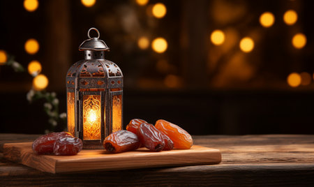 Ramadan Kareem greeting card. Ramadan Kareem lantern with dates on wooden table.の素材
