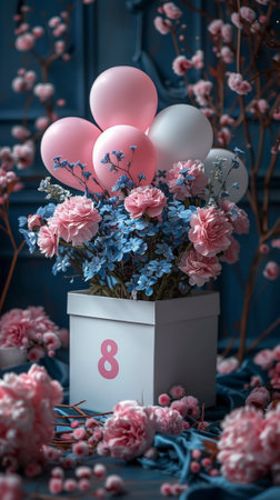Bouquet of flowers in a box with pink and white balloonsの素材