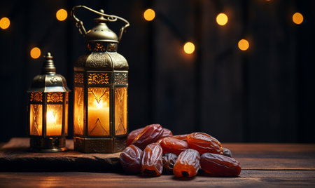 Ramadan Kareem greeting card. Ramadan Kareem lantern with dates fruit on wooden table.の素材