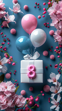 Gift box with pink and blue balloons and flowers on blue backgroundの素材