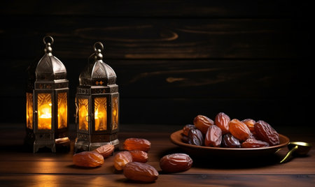 Ramadan Kareem greeting card. Ramadan Kareem lantern with dates on wooden backgroundの素材