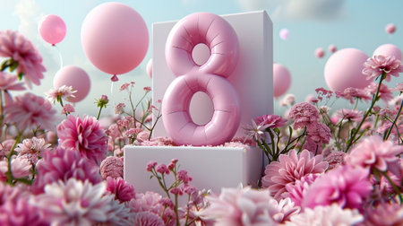 Number 8 on white podium with pink balloons and flowers. 3D Renderの素材