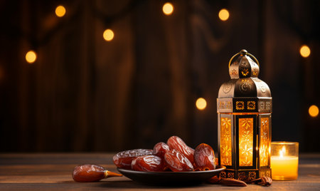 Ramadan Kareem greeting card with dates and lantern on wooden backgroundの素材