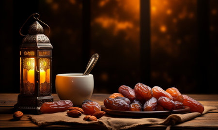 Ramadan Kareem greeting card. Ramadan Kareem lantern with dates fruits and coffee cup on wooden table.の素材
