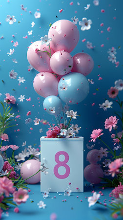 8 March International Women's Day background with pink and blue balloons, flowers and confetti. 3d illustrationの素材