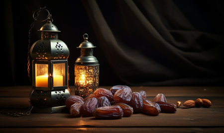 Dates fruits and lantern on wooden table. Ramadan Kareem backgroundの素材