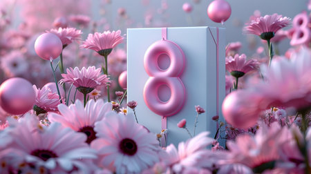 8 march. International Women's Day. Flower background. 3d illustrationの素材