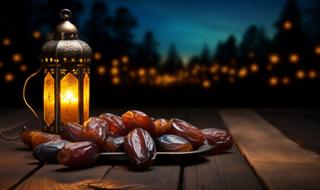 Dates fruit and lantern on wooden table. Ramadan Kareem backgroundの素材