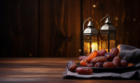 Ramadan Kareem greeting card with dates and lantern on wooden backgroundの素材
