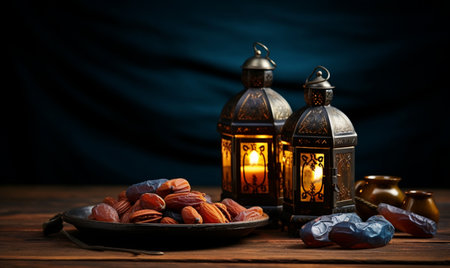 Ramadan Kareem background. Ramadan lanterns with dates on wooden tableの素材