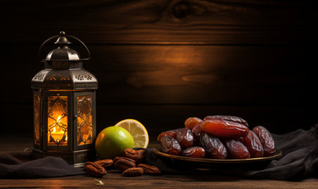 Ramadan Kareem background. Ramadan Kareem lantern with dates fruits and nuts on wooden table.の素材
