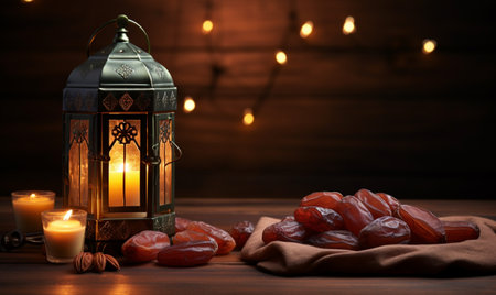 Ramadan Kareem, Ramadan lantern with dates and burning candles on wooden backgroundの素材