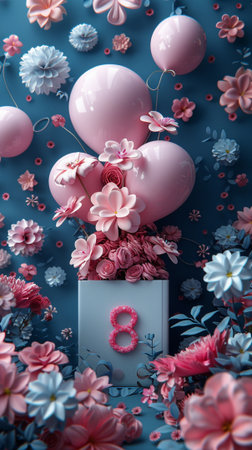Pink balloons and flowers on blue background. Flat lay, top viewの素材