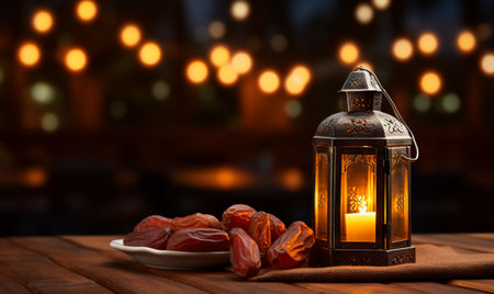 Ramadan Kareem background. Ramadan lantern with dates fruits on wooden table.の素材