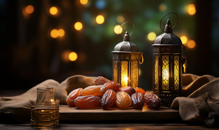 Ramadan Kareem greeting card. Ramadan lanterns with dates on wooden table.の素材