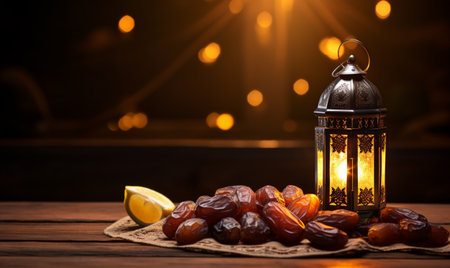 Ramadan Kareem lantern with dates and lemon on wooden table.の素材
