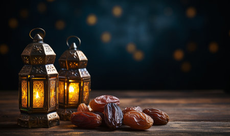 Ramadan Kareem greeting card with dates and lantern on wooden tableの素材