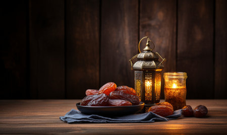 Ramadan Kareem greeting card with dates and lantern. Selective focusの素材