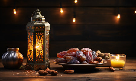 Ramadan Kareem greeting card. Arabic lantern, dates and nuts on wooden tableの素材