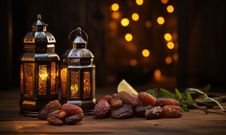 Ramadan Kareem greeting card. Ramadan lanterns with dates and lime on wooden table.の素材