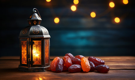 Ramadan Kareem greeting card. Ramadan Kareem lantern with dates fruits on wooden backgroundの素材