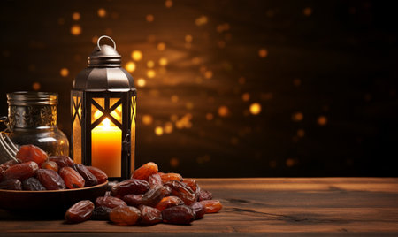 Ramadan Kareem concept. Ramadan Kareem lantern with dates fruits on wooden backgroundの素材
