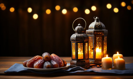 Ramadan Kareem greeting card. Ramadan lanterns and dates on wooden backgroundの素材