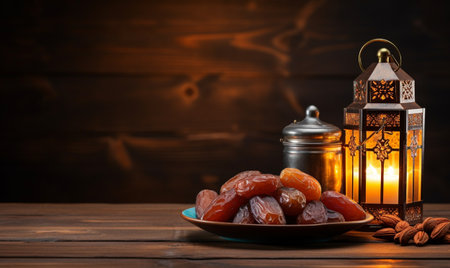 Ramadan Kareem background. Ramadan Kareem greeting card with dates and lantern on wooden table.の素材