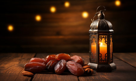 Ramadan Kareem background. Ramadan Kareem lantern with dates fruits and nuts on wooden table.の素材