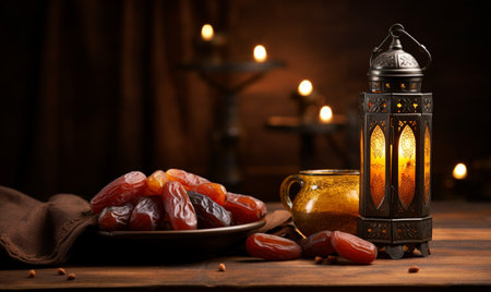 Ramadan Kareem greeting card. Ramadan Kareem lantern with dates on wooden table.の素材
