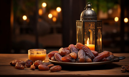 Dates fruit and lantern on wooden table. Ramadan Kareem backgroundの素材