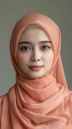 Hijab woman with beige hijab on gray background, asian beautyの素材