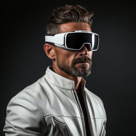 Portrait of a handsome bearded man in a white leather jacket and glasses.の素材