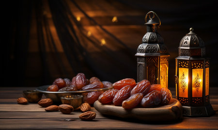 Ramadan Kareem greeting card. Ramadan lanterns, dates and nuts on wooden tableの素材