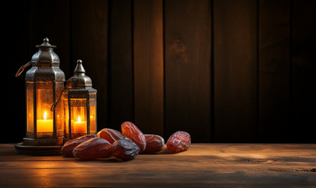 Ramadan Kareem concept. Ramadan Kareem lantern with dates on wooden background.の素材