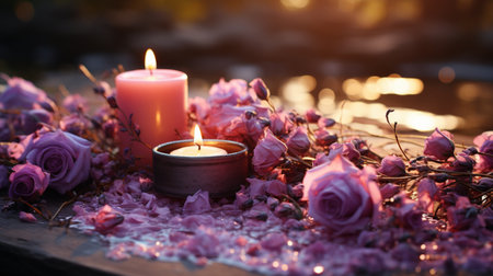 Burning candle with pink rose petals on a wooden table.の素材