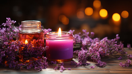 Spa still life with lilac flowers and candles on wooden backgroundの素材
