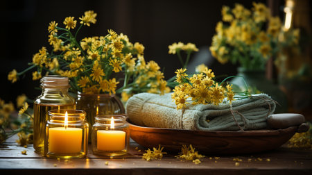 Spa still life with yellow flowers, candles and towels on wooden backgroundの素材