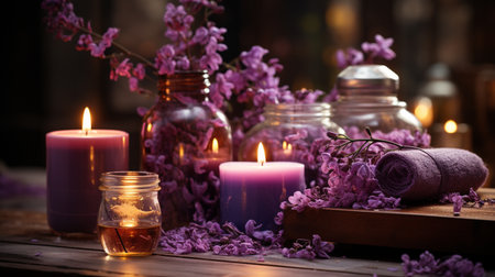 Spa still life with purple lilac flowers and candles on wooden backgroundの素材