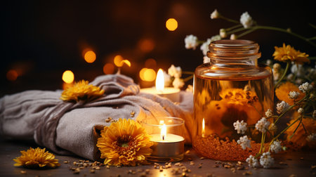 Spa still life with calendula flowers and candles on dark backgroundの素材