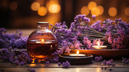 Spa still life with lavender essential oil and burning candles on wooden backgroundの素材