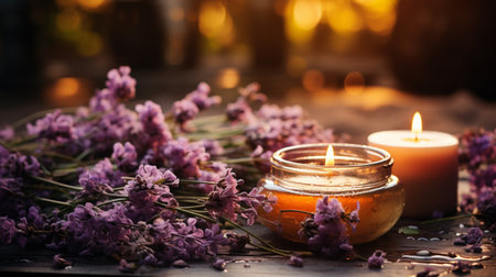 Spa still life with lavender flowers and candles on wooden backgroundの素材