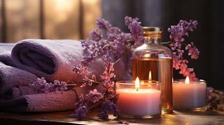 Spa still life with lavender, candles and towels on wooden tableの素材