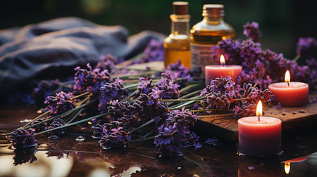 Spa still life with lavender flowers, candles and essential oilの素材