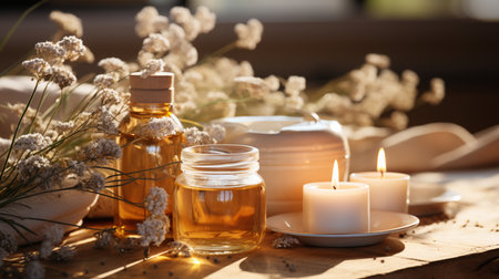 Beautiful spa composition with aroma oil on wooden table, closeupの素材