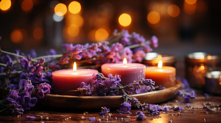 Burning candles and lavender flowers on wooden table, closeupの素材