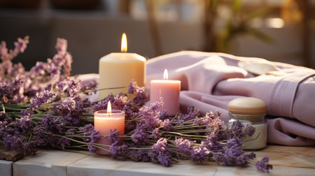 Composition with lavender flowers and candles on table in spa salonの素材