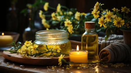 Spa still life with yellow flowers and essential oil on wooden tableの素材