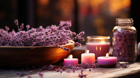 Spa still life with lavender and candles on a wooden backgroundの素材